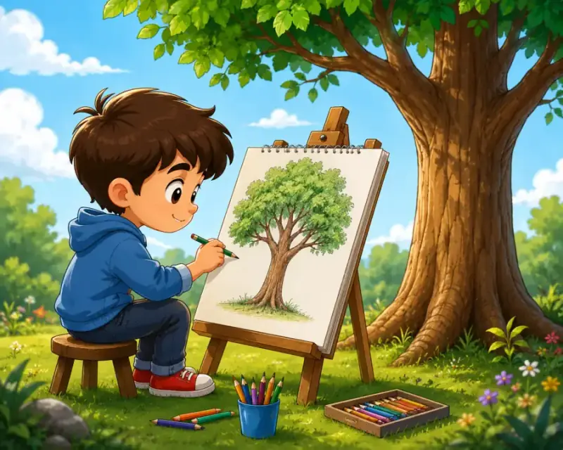 Cartoon tree drawing with bold outline, round canopy, and cheerful style