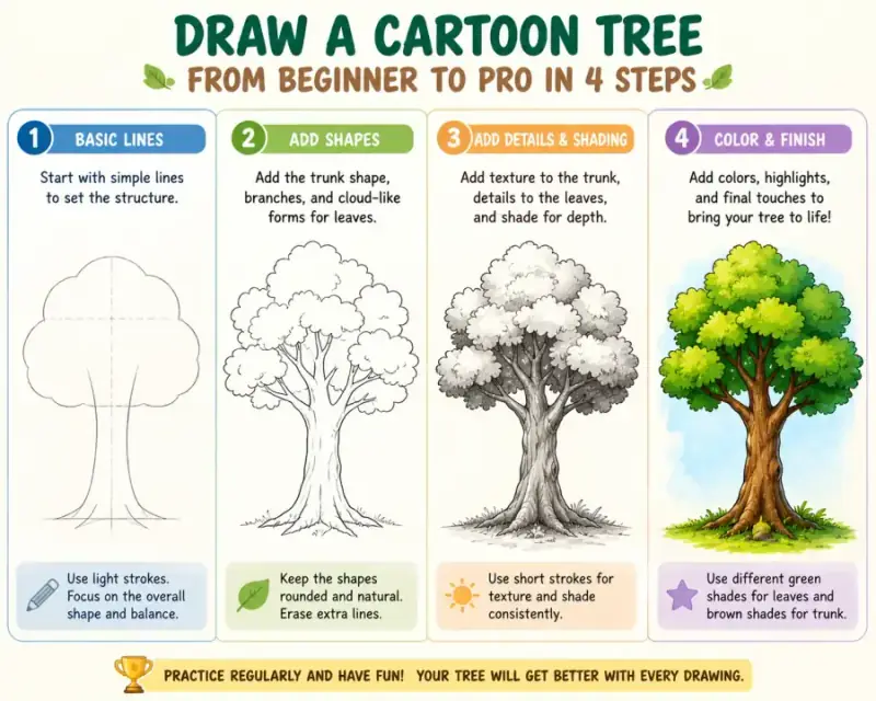 Step-by-step tree drawing panels from trunk outline to finished leaves