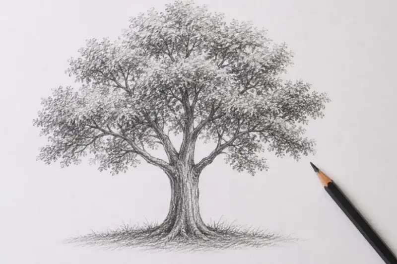 Tree sketch drawing showing loose line work and a light tree outline